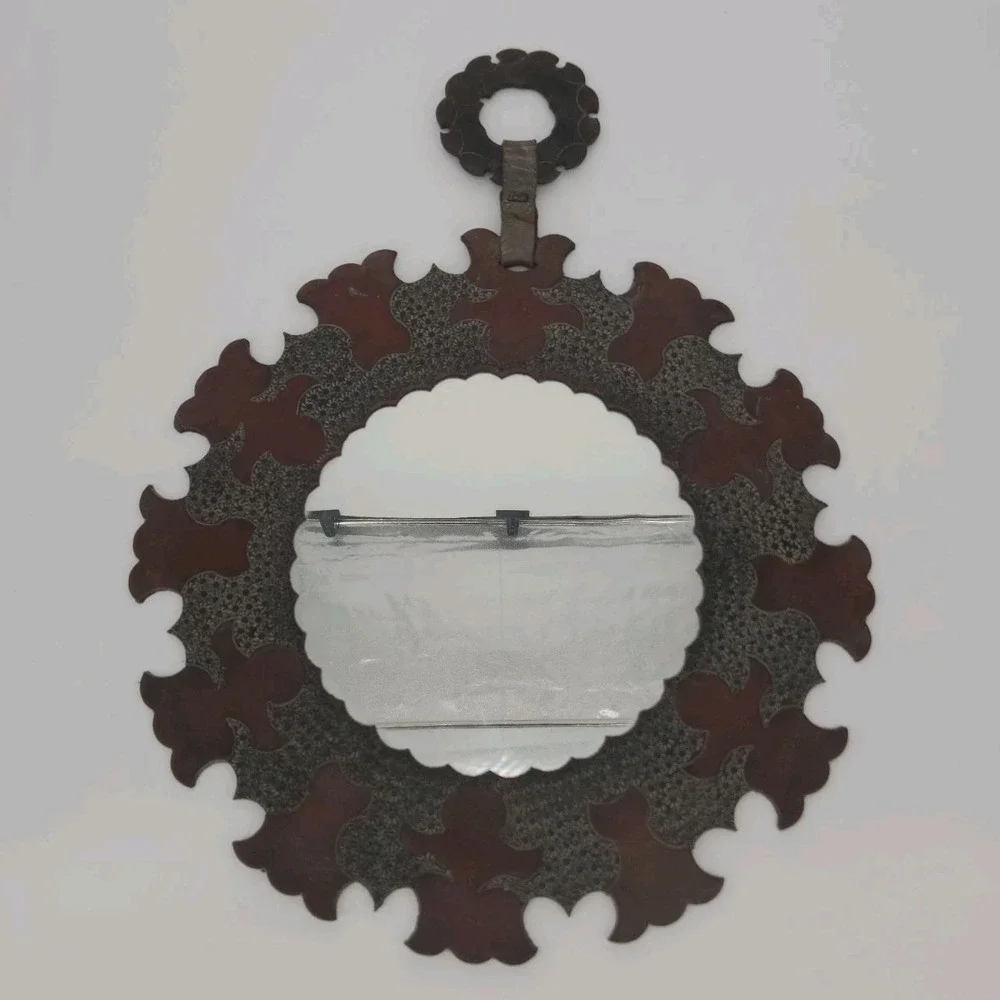 Tooled Leather Round Wall Mirror Floral Boho Moroccan Folk Art Decor Vintage